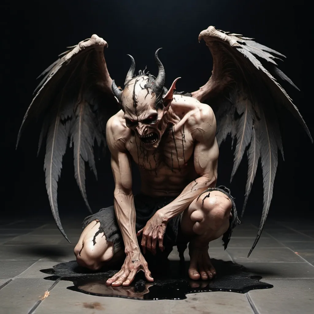 Prompt: Demon crying kneeling, with burned wings, looking up, wearing old and torn clothes, black stone floor