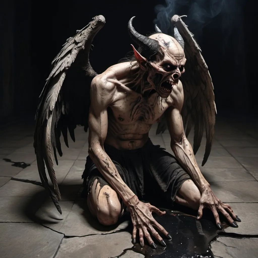 Prompt: Demon crying kneeling, with burned wings, looking up, wearing old and torn clothes, black stone floor