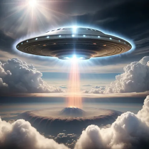 Prompt: Shiny big ufo in the clouds above Earth, with the sky being rolled together with a huge gravity wave