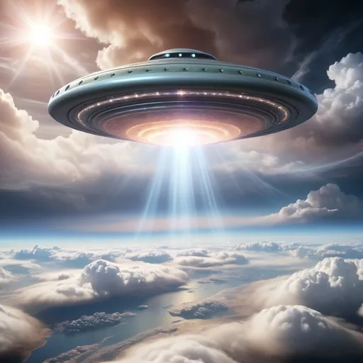 Prompt: Shiny big ufo in the clouds above Earth, with the sky being rolled together with a huge gravity wave