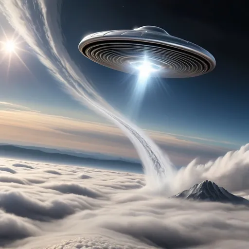 Prompt: Sky above earth being rolled together by a huge gravity wave with a shiny silver ufo