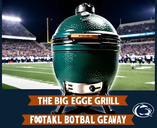 Prompt: A poster about a Big Green Egg grill giveaway at a football game. Make it seem inviting and Penn State themed