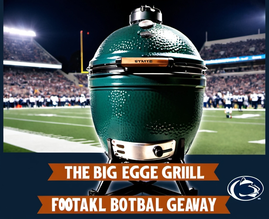 Prompt: A poster about a Big Green Egg grill giveaway at a football game. Make it seem inviting and Penn State themed