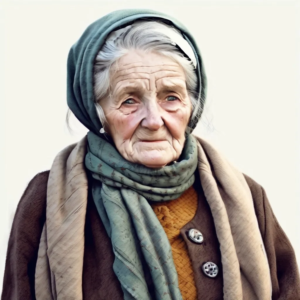 Prompt: draw me the portrait of an old Western European lady with a scarf on her hair and dressed with typical old lady´s clothes