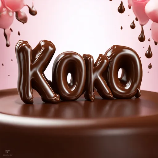 Prompt: Photorealistic, (ultra-detailed) 3D chocolate letters spelling "KOKO", rich and glossy texture, vibrant chocolate color, exquisite detailing showcasing melting edges and drips, dynamic lighting creating soft reflections, majestic backdrop of a luxurious dessert setting, atmosphere is indulgent and appetizing, ideal for a gourmet chocolate brand, high-quality presentation perfect for advertising.