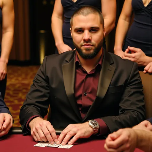 Prompt: @QV8JeNiiBNBtNnw4xHQK  at a private high-stakes poker game in an exclusive VIP casino lounge, wearing a black tuxedo with a luxury Rolex. Holding a winning hand with a confident smirk while surrounded by high-rollers and stunning women in glamorous evening gowns. The dimly lit setting glows with gold and deep red ambiance, reflecting pure class and affluence. Ultra-realistic, 8K detail, cinematic composition.