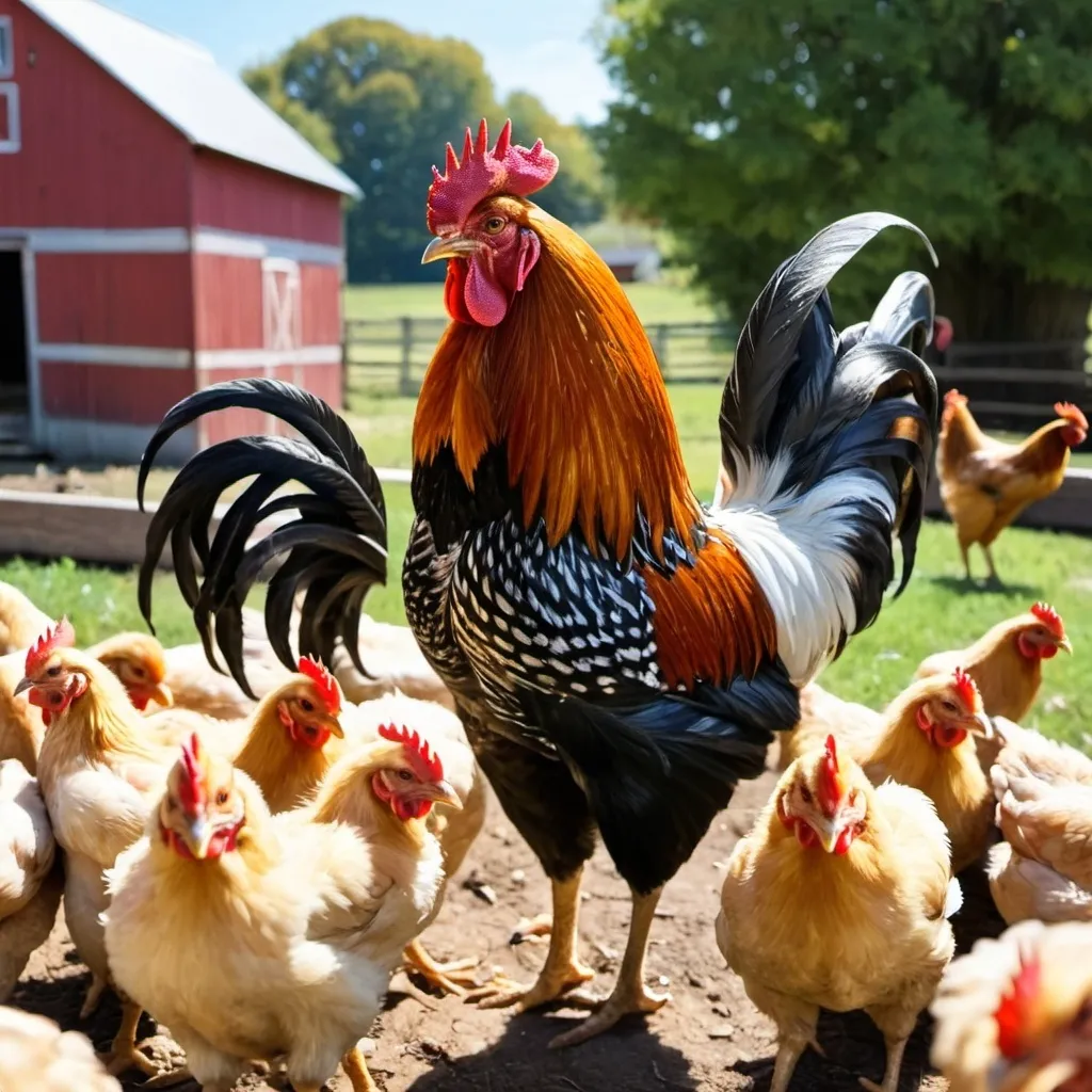 Prompt: Rooster with lots of chickens around in a farm yard.  Blue skies 
