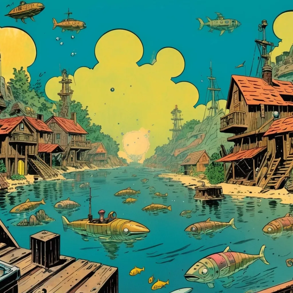 Prompt: Underwater village, in the style of Jack Kirby and Wally Wood, 1940s vintage comic, faded colors