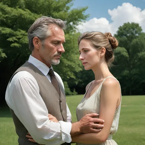 Prompt: A melancholic middle-aged couple, both in their 50s, with worn, weathered facial features, standing in 3/4 view, with the man's arm around the woman's shoulder, gazing down with a mix of sorrow and despair, against the backdrop of a serene, verdant well manicured lawn, set under a midsummer blue sky with subtle hints fluffy white clouds, with the couple's facial expressions conveying a sense of loss, grief, and longing, the woman's skin tone a soft, pale complexion, the man's a weathered, tan skin, both dressed formal dress,, with the woman's hair pulled back in a simple, yet elegant bun, and the man's hair graying, neat and well kempt.
