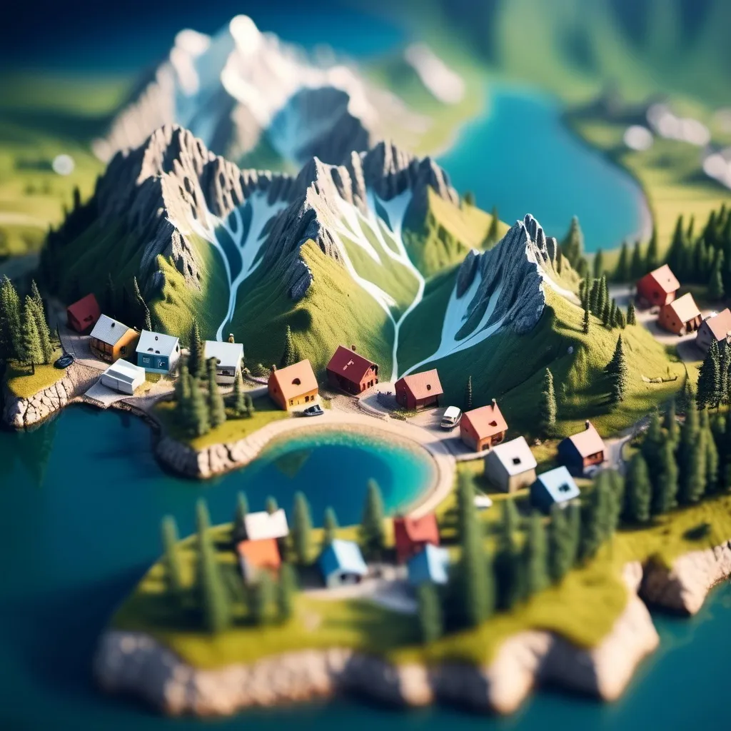 Prompt: aerial view, tilt-shift, isometric miniature world, detailed landscape world render with tiny houses and boats, mountains with lakes