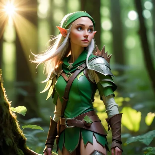 Prompt: Elf ranger in a mystical forest around sunlight