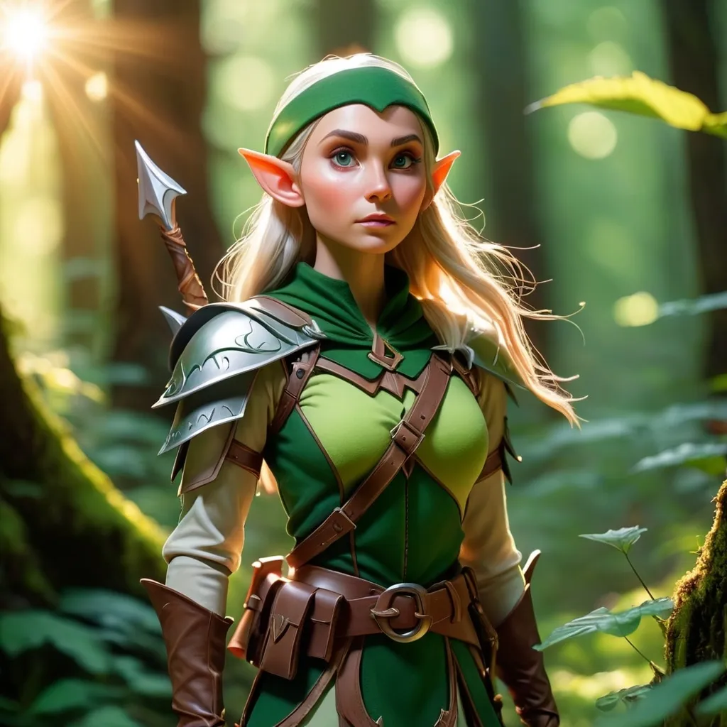 Prompt: Elf ranger in a mystical forest around sunlight
