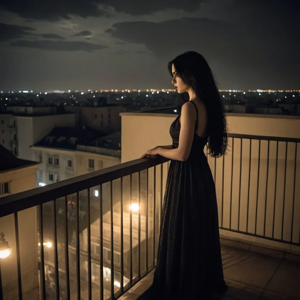 Prompt: "A dramatic night scene in Bucharest showing a woman with long black hair, without seeing her face  standing on the edge of a high-rise balcony. The setting is midnight on a Sunday in April, under a dark, cloudy sky with the faint glow of city lights in the distance. The woman is wearing a long, flowing dress, and her expression is one of deep contemplation and sorrow. The balcony railing is slightly illuminated by a dim, cold light from a nearby streetlamp. The atmosphere is tense and somber, capturing the tragic moment before she leaps."
