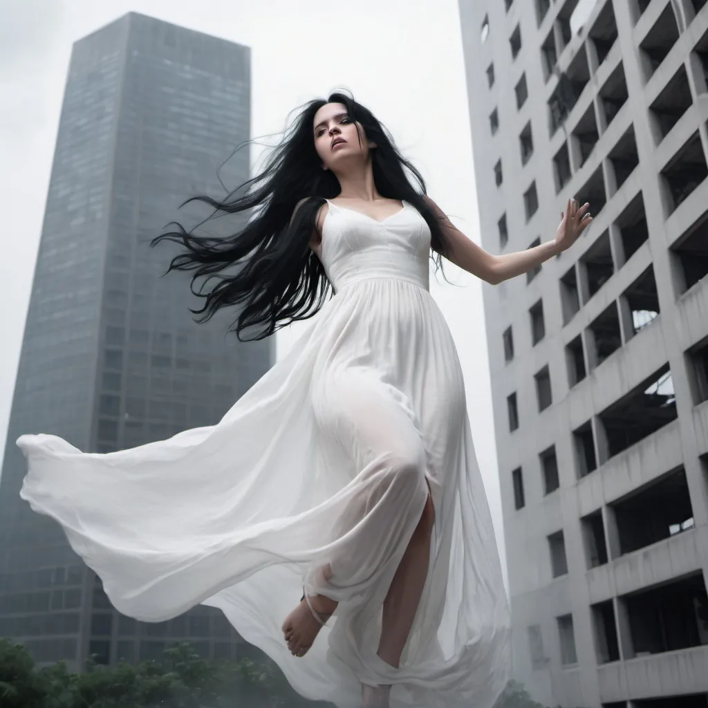 Prompt: A ghost of a woman with long black hair, dark eyes wearing a long white dress falling over  a high rise building