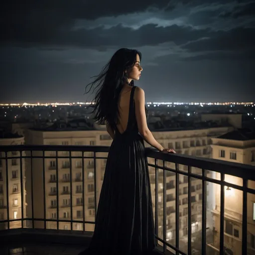 Prompt: "A dramatic night scene in Bucharest showing a woman with long black hair standing on the edge of a high-rise balcony. The setting is midnight on a Sunday in April, under a dark, cloudy sky with the faint glow of city lights in the distance. The woman is wearing a long, flowing dress, and her expression is one of deep contemplation and sorrow. The balcony railing is slightly illuminated by a dim, cold light from a nearby streetlamp. The atmosphere is tense and somber, capturing the tragic moment before she leaps."
