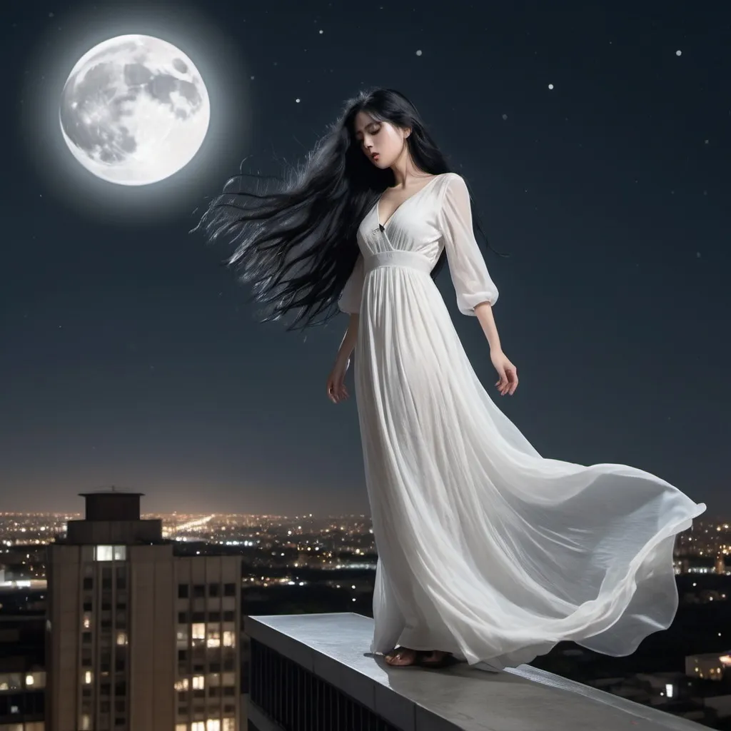 Prompt: A ghost of a woman with long black hair, dark eyes standing on the edge of a high rise building alone under the moon and stars, wearing a white long dress flowing with the wind, her face is down, as sjhe is looking down below