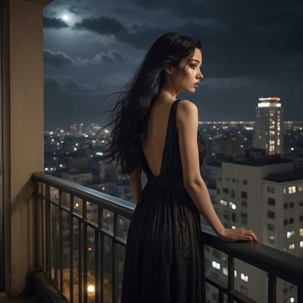 Prompt: "A dramatic night scene showing a woman with long black hair standing on the edge of a high-rise balcony. The setting is midnight on a Sunday in April, under a dark, cloudy sky with the faint glow of city lights in the distance. The woman is wearing a long, flowing dress, and her expression is one of deep contemplation and sorrow. The balcony railing is slightly illuminated by a dim, cold light from a nearby streetlamp. The atmosphere is tense and somber, capturing the tragic moment before she leaps."
