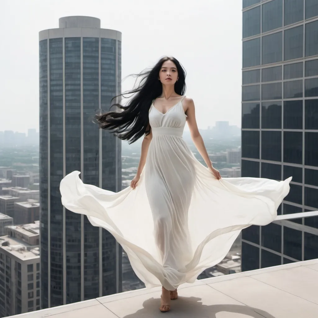 Prompt:  show a woman with long black hair wearing a long white dress from a distance  falling over  a high rise building