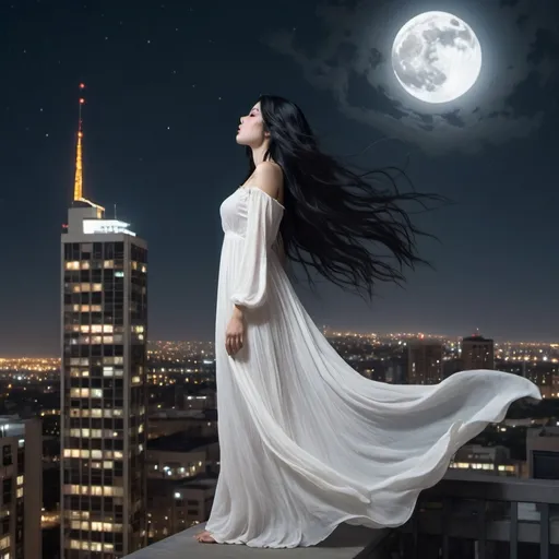 Prompt: A ghost of a woman with long black hair, dark eyes standing on the edge of a high rise building alone under the moon and stars, wearing a white long dress flowing with the wind, she is looking down below