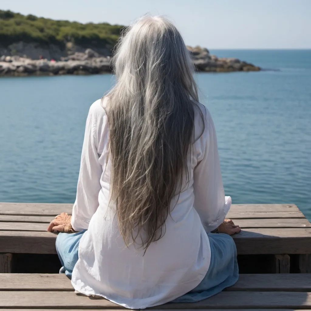 Prompt: 50 y.o hippie woman with long grey hair sitting on a platform near the see looking far, perspective from the back