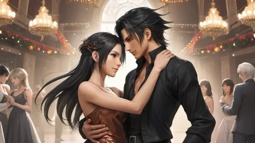 Prompt: a drawing of a man and a woman, both with black hair and copper colored skin, he in dark clothes, she in a silver dress, looking happily at each other, dancing in a bright festive hall, final fantasy, a anime drawing