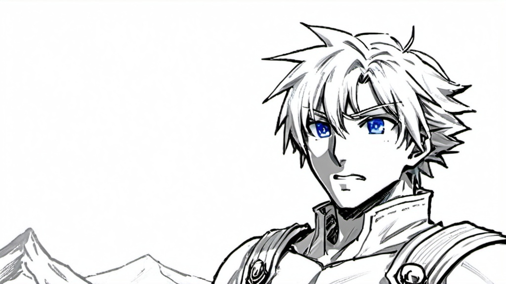 Prompt: a drawing of a man with blonde hair and blue eyes looking at the camera with a serious look on his face before a background of a starry night above snowy mountains, Andor Basch, lyco art, final fantasy, an anime drawing