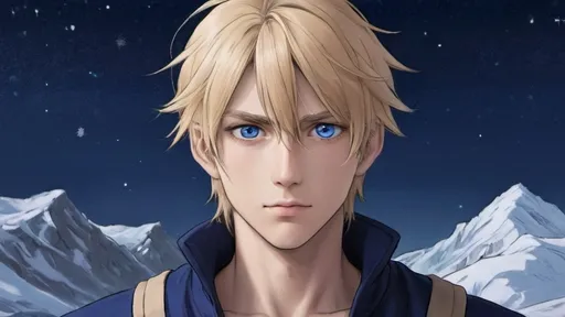 Prompt: a drawing of a man with blonde hair and blue eyes looking at the camera with a serious look on his face before a background of a starry night above snowy mountains, final fantasy, an anime drawing