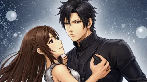 Prompt: a drawing of a man and a woman, both with black hair and copper colored skin, he in dark clothes, she in a silver dress, looking happily at each other, dancing in a bright festive hall, final fantasy, a manga drawing