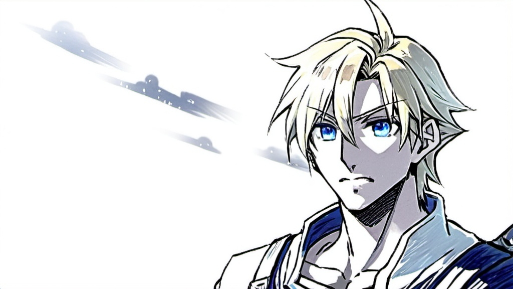 Prompt: a drawing of a man with blonde hair and blue eyes looking at the camera with a serious look on his face before a background of a starry night above snowy mountains, Andor Basch, lyco art, final fantasy, an anime drawing