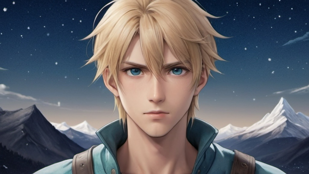 Prompt: a drawing of a man with blonde hair and light teal eyes looking at the camera with a serious look on his face before a background of a starry night above snowy mountains, final fantasy, an anime drawing