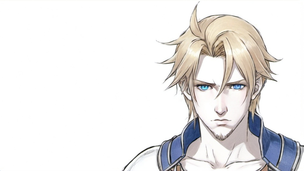 Prompt: a drawing of a man with blonde hair and blue eyes looking at the camera with a serious look on his face, Andor Basch, lyco art, final fantasy, an anime drawing