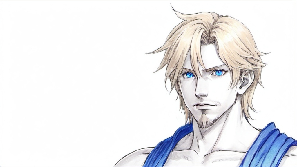 Prompt: a drawing of a man with blonde hair and blue eyes looking at the camera with a serious look on his face, Andor Basch, lyco art, final fantasy, an anime drawing