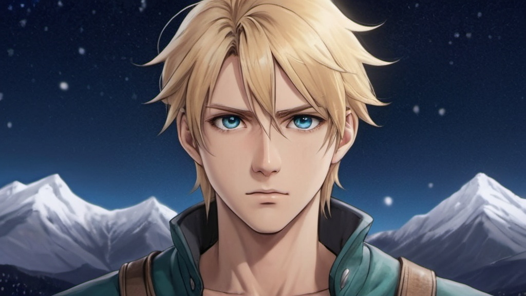 Prompt: a drawing of a man with blonde hair and light teal eyes looking at the camera with a serious look on his face before a background of a starry night above snowy mountains, final fantasy, an anime drawing