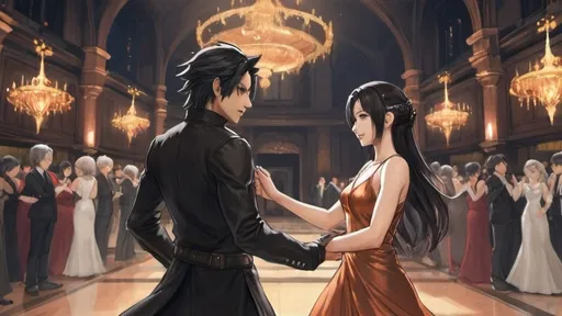 Prompt: a drawing of a man and a woman, both with black hair and copper colored skin, he in dark clothes, she in a silver dress, looking happily at each other, dancing in a bright festive hall, final fantasy, a anime drawing