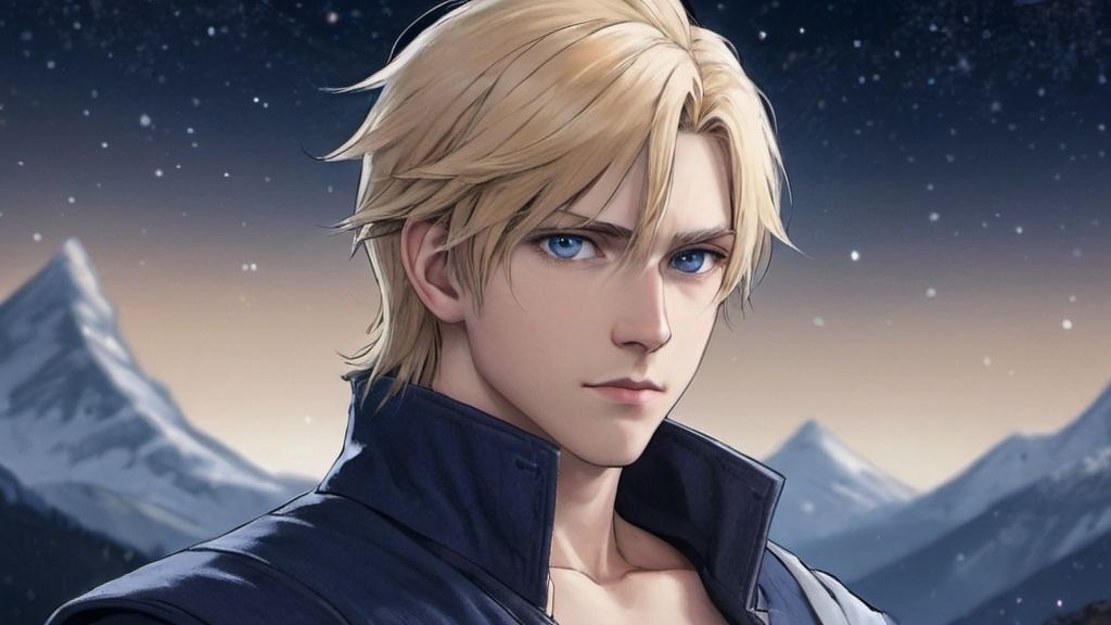 Prompt: a drawing of a man with blonde hair and blue eyes looking at the camera with a serious look on his face before a background of a starry night above snowy mountains, final fantasy, an anime drawing