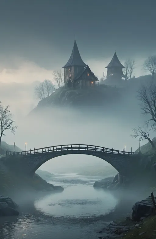 Prompt: small settlement, foggy, bridge and river, dramatic fantasy settlement scene, cinematic lighting