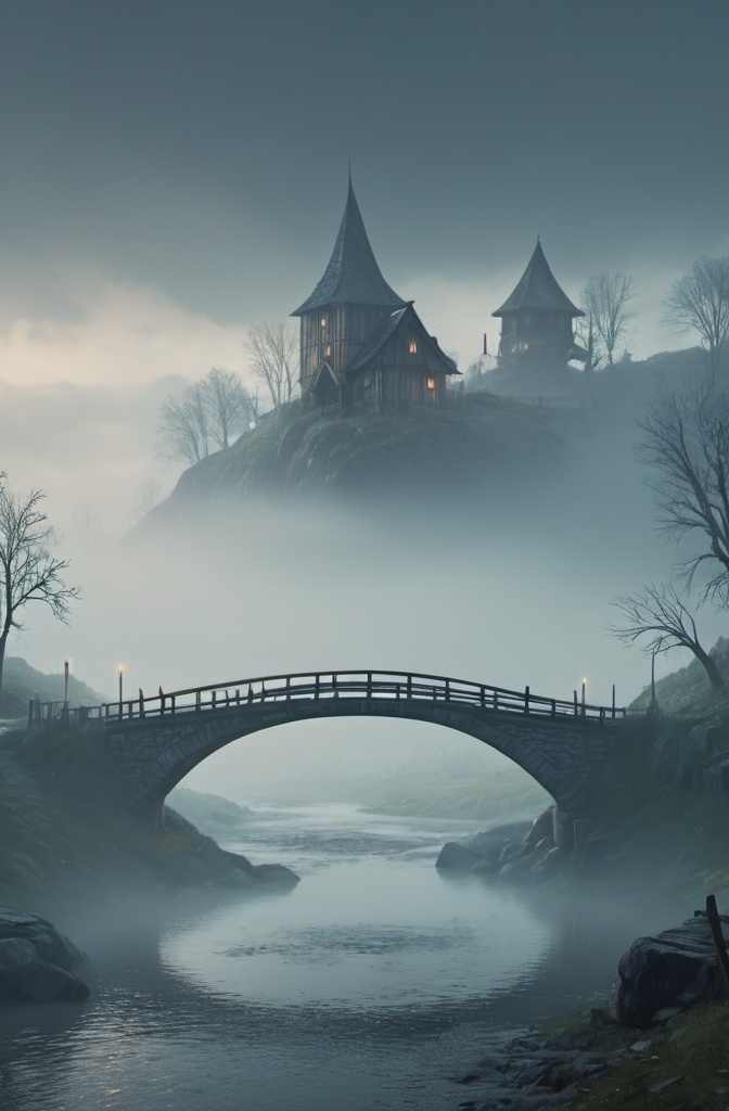 Prompt: small settlement, foggy, bridge and river, dramatic fantasy settlement scene, cinematic lighting