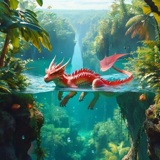 Prompt: water dragon floating above tropical crystal clear water surrounded by lush tropical greenery with water droplets floating in the air. far away landscape view. other fantasy creatures and birds in view