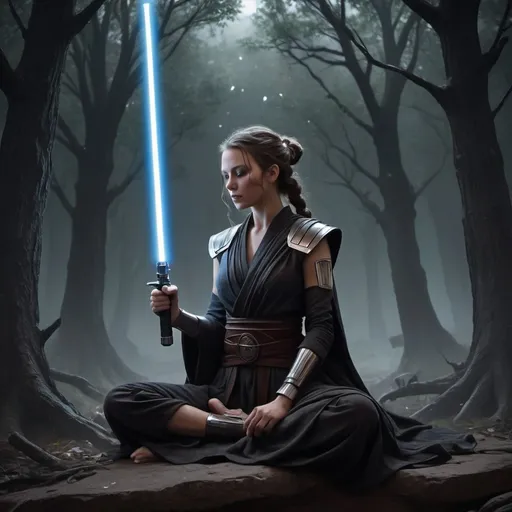 Prompt: A Jedi in meditation, their lightsaber by their side, ready to defend the galaxy.Eclipsed Resolve From the shadows where the echoes call, A fractured heart begins to fall, Talon's whispers, a darkened fate, Power’s embrace, it cannot wait. In this maelstrom, our spirits fight, Clashing visions in the dead of night. Eclipsed resolve, through fear and flame, In the struggle of souls, we’re forged the same. With love or revenge, we stand our ground, In the depths of chaos, our voices resound. Celestra shines with the hope of dawn, While Darien’s shadows seek to draw us on. A symphony of discord, a battle of the mind, In the dance of the lost, our fates entwined. Rising tempests, fury unleashed, Every moment we rise, we fight for reprieve. Eclipsed resolve, through fear and flame, In the struggle of souls, we’re forged the same. With love or revenge, we stand our ground, In the depths of chaos, our voices resound. Solara’s courage, a beacon of light, Redemption calls in the dead of night. While Liora’s quest seeks the truth untold, In Echo's Crest, the brave hearts grow bold. Torn between what is lost and what stays, In the shadows, we find our own ways. Deep in the silence where darkness creeps, A flicker ignites, our spirit never sleeps. Eclipsed resolve, through fear and flame, In the struggle of souls, we’re forged the same. With love or revenge, we stand our ground, In the depths of chaos, our voices resound. In the raging storm, our will shall defy, Chasing the echoes, we’ll rise or die. For in this abyss, amidst trials we braved, Together we stand, forever unchained inspiration by sith Lord 