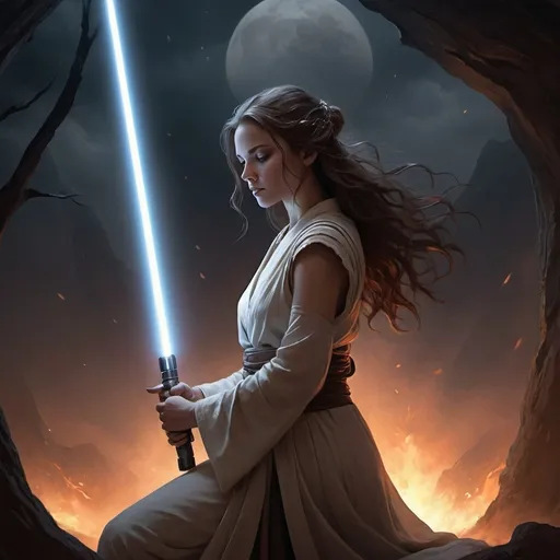 Prompt: A Jedi in meditation, their lightsaber by their side, ready to defend the galaxy.Eclipsed Resolve From the shadows where the echoes call, A fractured heart begins to fall, Talon's whispers, a darkened fate, Power’s embrace, it cannot wait. In this maelstrom, our spirits fight, Clashing visions in the dead of night. Eclipsed resolve, through fear and flame, In the struggle of souls, we’re forged the same. With love or revenge, we stand our ground, In the depths of chaos, our voices resound. Celestra shines with the hope of dawn, While Darien’s shadows seek to draw us on. A symphony of discord, a battle of the mind, In the dance of the lost, our fates entwined. Rising tempests, fury unleashed, Every moment we rise, we fight for reprieve. Eclipsed resolve, through fear and flame, In the struggle of souls, we’re forged the same. With love or revenge, we stand our ground, In the depths of chaos, our voices resound. Solara’s courage, a beacon of light, Redemption calls in the dead of night. While Liora’s quest seeks the truth untold, In Echo's Crest, the brave hearts grow bold. Torn between what is lost and what stays, In the shadows, we find our own ways. Deep in the silence where darkness creeps, A flicker ignites, our spirit never sleeps. Eclipsed resolve, through fear and flame, In the struggle of souls, we’re forged the same. With love or revenge, we stand our ground, In the depths of chaos, our voices resound. In the raging storm, our will shall defy, Chasing the echoes, we’ll rise or die. For in this abyss, amidst trials we braved, Together we stand, forever unchained inspiration by sith Lord 