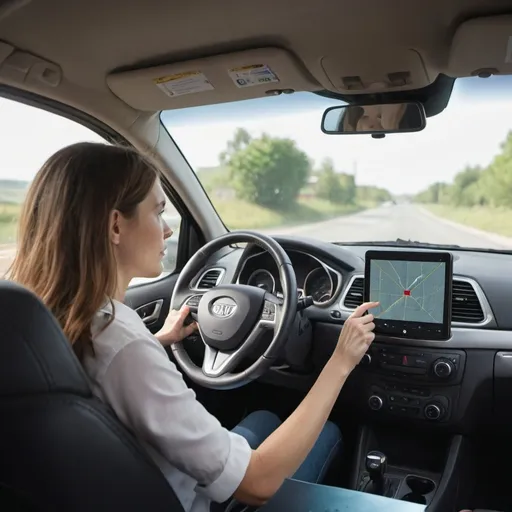 Prompt: woman driving to work and see internal screen in car.
