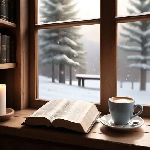 Prompt: Bible coffee on shelf by window view 
Winter snow  cozy very realistic 
