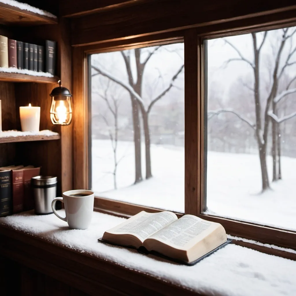 Prompt: Bible coffee on shelf by window view 
Winter snow 
