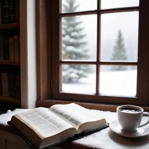 Prompt: Bible coffee on shelf by window view 
Winter snow 
