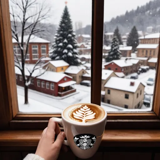 Prompt: Bible coffe window view Christmas winter latte art cozy 
