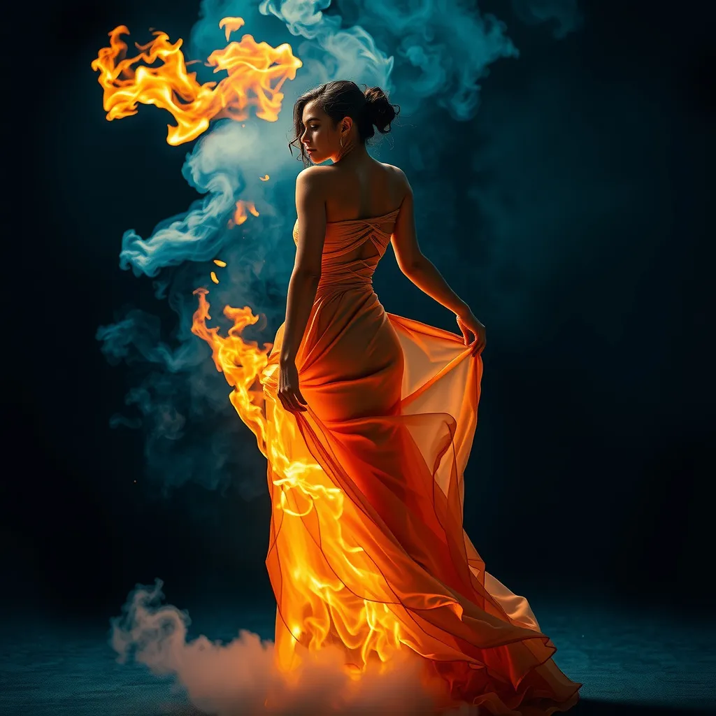 Prompt: Elegant woman wearing a long gown made of fire, dress flowing, infused into a background of smoke, dynamic pose, fluid shapes, cinematic, dramatic, surreal, aspirational