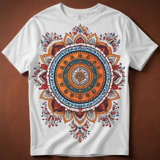 Prompt: Create a T-SHIRT with a cultural design celebrating a specific culture or heritage, with traditional patterns, symbols, and colors. This could include elements like mandalas, tribal art, or folk motifs.