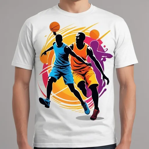 Prompt: Create a T-SHIRT with a dynamic design featuring action shots of athletes in various sports like basketball, soccer, or skateboarding. The design could include motion lines and vibrant colors to convey energy.