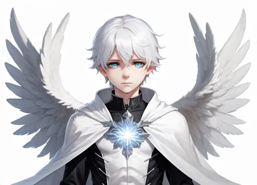 Prompt: a white haired angel with blue eyes and white hair, wearing a black and white outfit and a white cape, Ay-O, rayonism, angelic, a character portrait,boy