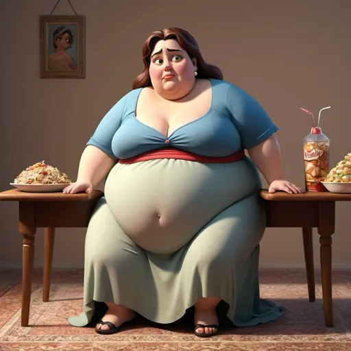 Prompt: Create a 3D illustration of a disney style, Full length of a very fat woman with very sad face, fat woman sitting at a table full of food, eating and eating. character is iranian and full length and standing Make the photo full length